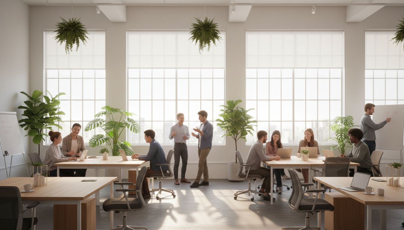 Espacio coworking luminoso, claro y lleno de luz natural, con personas trabajando en un ambiente ecológico y vibrante