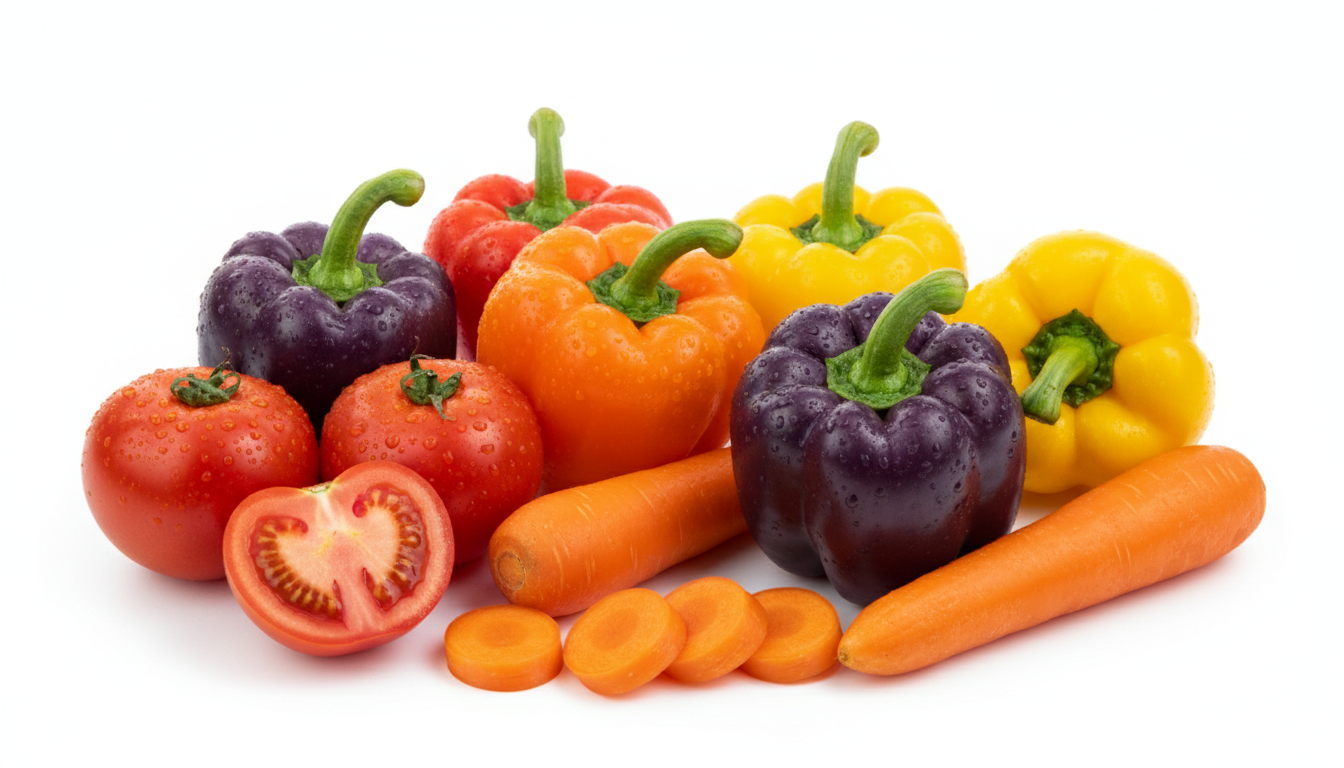 Vegetales frescos coloridos (tomates, pimientos, zanahorias) con gotas de agua sobre fondo blanco
