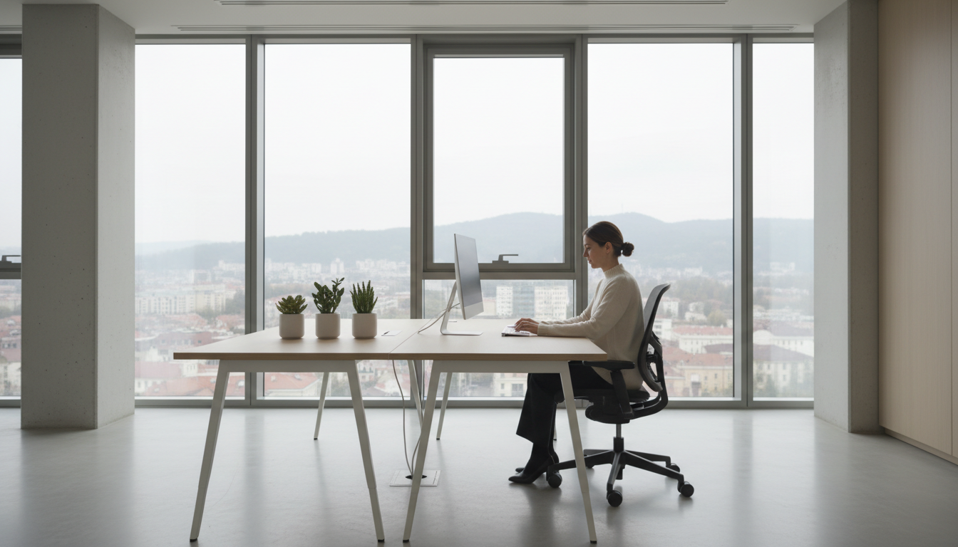Persona trabajando en oficina moderna con ventanales y decoración minimalista