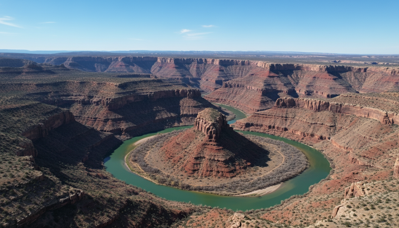 Vista aérea de río serpenteante entre cañones rojizos y cielo azul