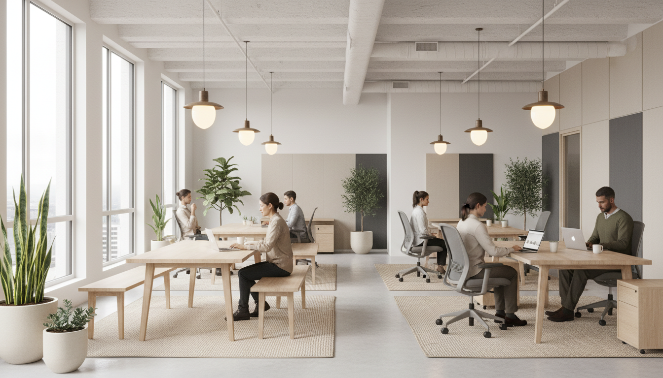 Espacio coworking moderno con luz natural, mobiliario de madera y decoración neutra